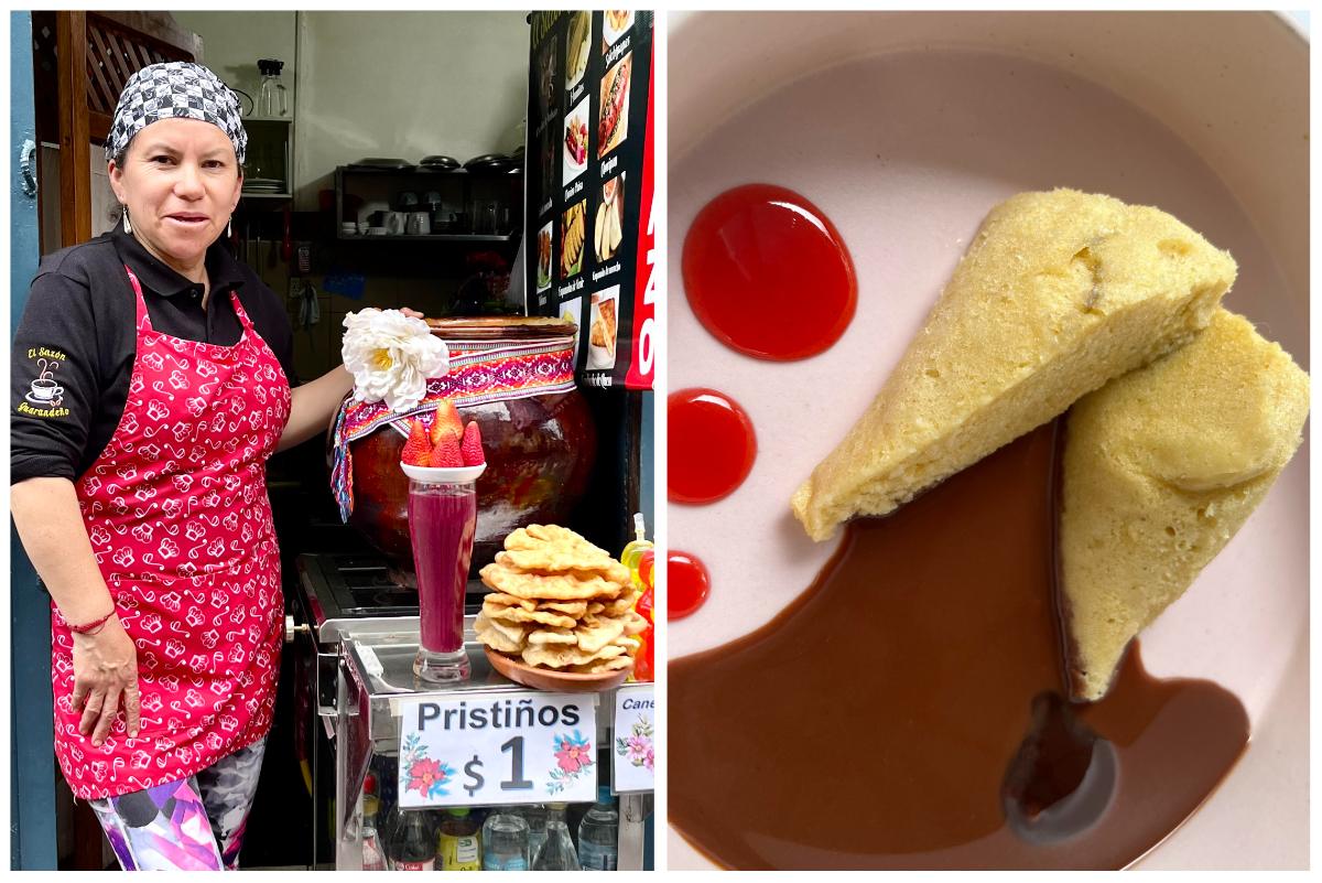 La Ronda, a pedestrian street that winds through Quito’s Historical Center is home to colonial architecture and plenty of small shops with handmade crafts and treats (left). Right, Ecuadorian quimbolitos from cooking class. (Jonathan Parlee)