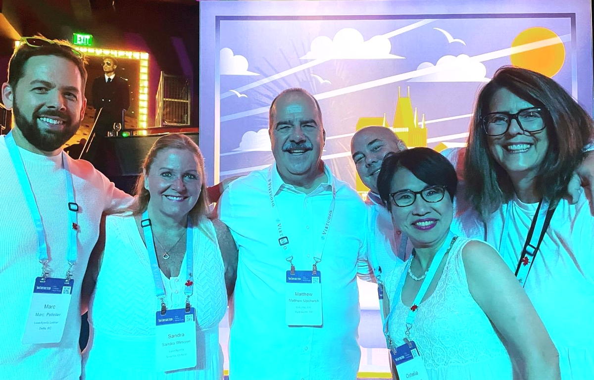 From left: Marc Pelletier, senior director of marketing, communications & events, TDC; Sandra Wesson, director of product & industry relations, TDC; Matthew Upchurch, CEO, Virtuoso; Barry Davis, LuxeXperts Calgary; Oshelia Hong, LuxeXperts Ladner; Debbie Seed, LuxeXperts Maple Ridge at Virtuoso Travel Week in Las Vegas. (Supplied/Sandra Wesson)
