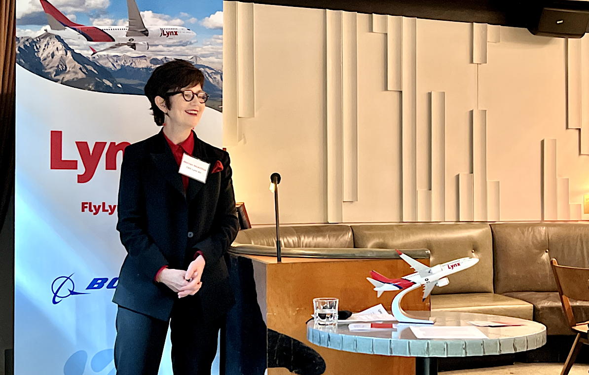 Merren McArthur, CEO of Lynx Air, met with media in Toronto on March 17. (Pax Global Media)