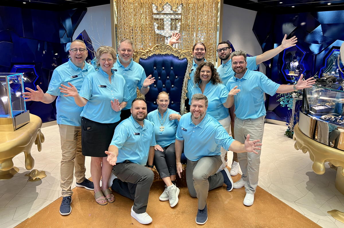 The Royal Caribbean sales team show off some bling on Icon of the Seas. (Pax Global Media)
