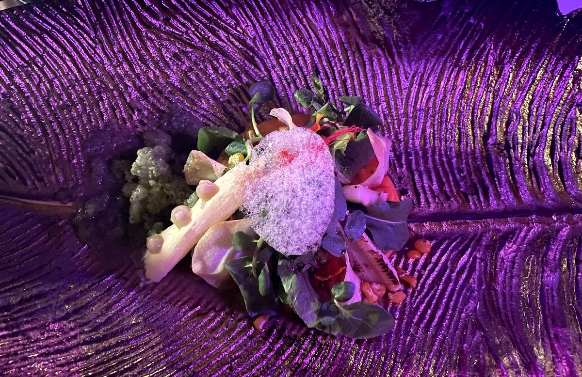 Amazonia. Warm Tuber Salad - Sweet Potato Foam and Cassava Aguacate y Manzana, y Crujiente de Tapioca. Chips With Fresh Leaves, Pickle Granita and Seasonal Sprouts. (Pax Global Media)