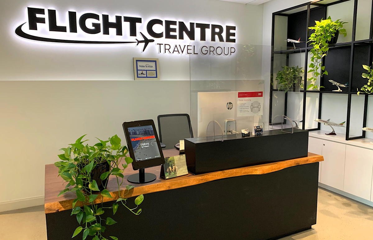 Flight Centre’s Vancouver Head office now has Plexiglass at front reception. (Supplied)