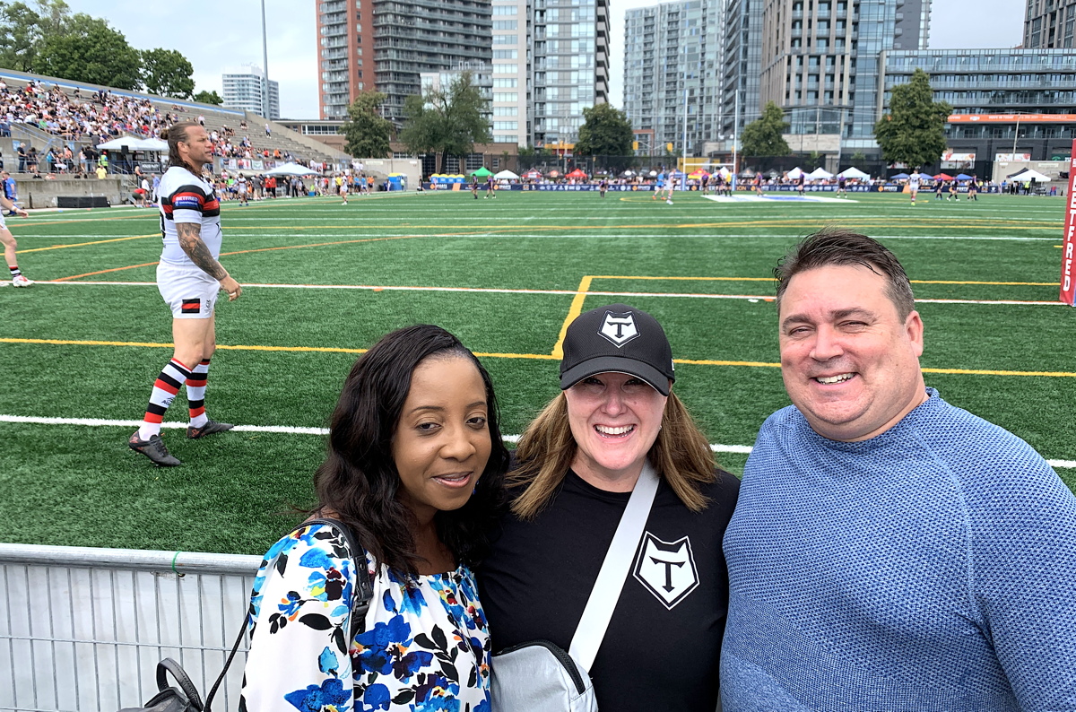 GAME ON. From left (of Transat): Heidi Lord, Susan Kooiman and Chad Burnett at Toronto's Lamport Stadium on Saturday. 